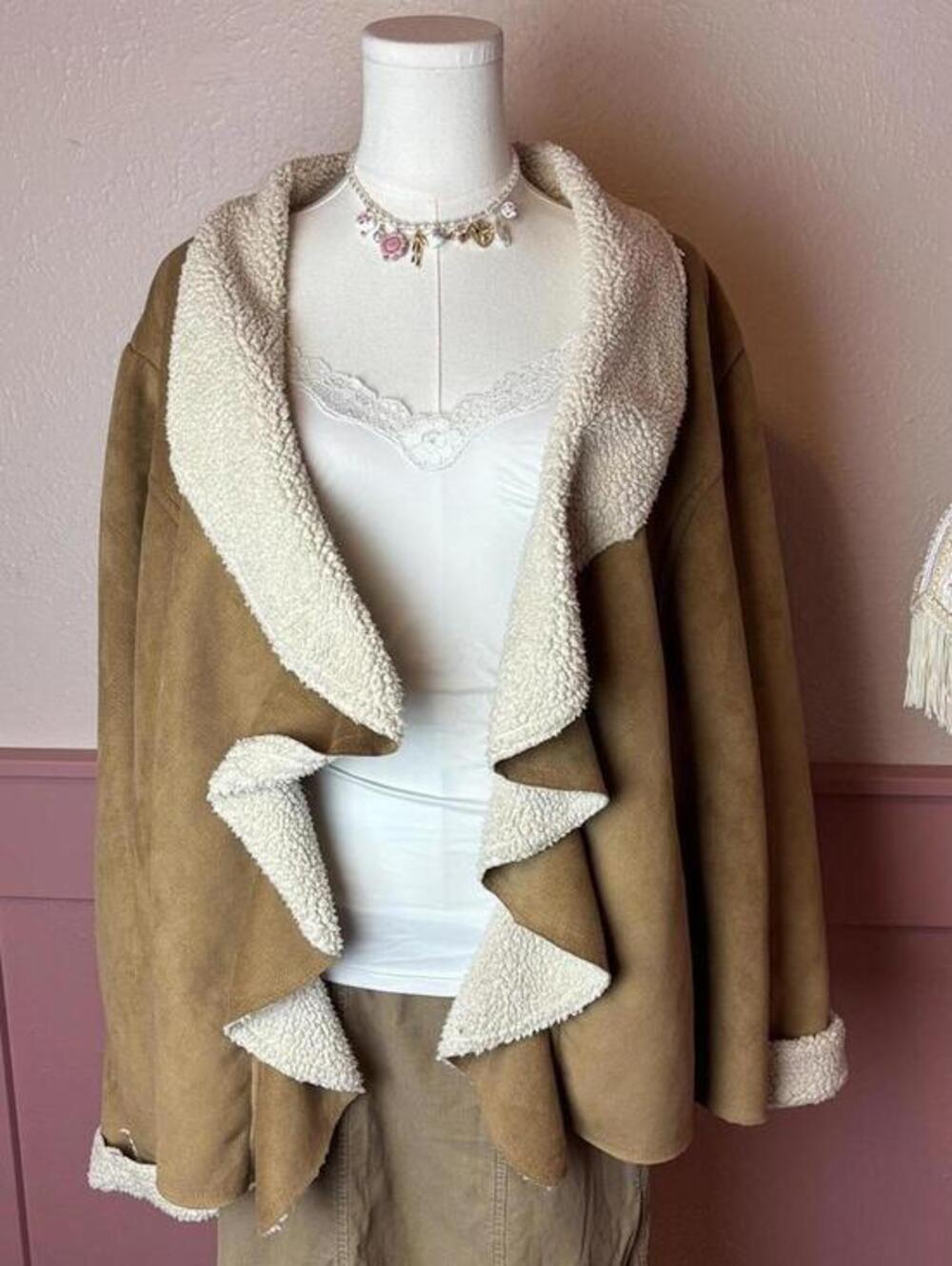 penny lane faux suede sherpa waterfall ruffle coat a. gianetti 2x tan brown